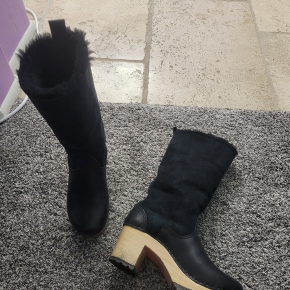 Women's Black Suede & Leather Clog Boots - Mid Calf - Picture 8 of 10